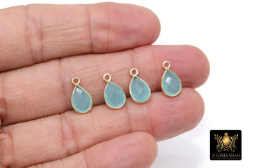Peru Chalcedony Teardrop Charms, Gold Plated Faceted Aqua Mint Gemstones #2861, Sterling Silver Birthstone Pendants
